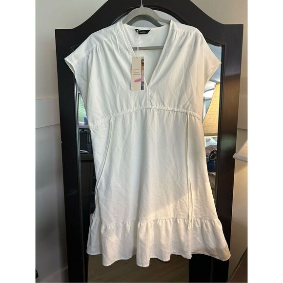 NEW White Short Sleeve V Neck Drawstring Ruffle A-Line Mini Dress M - Picture 5 of 6